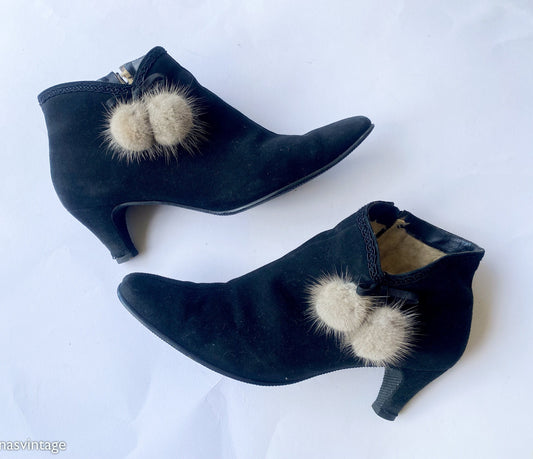 1950s Black Suede Booties with Mink Fur Pom Poms, Size 6