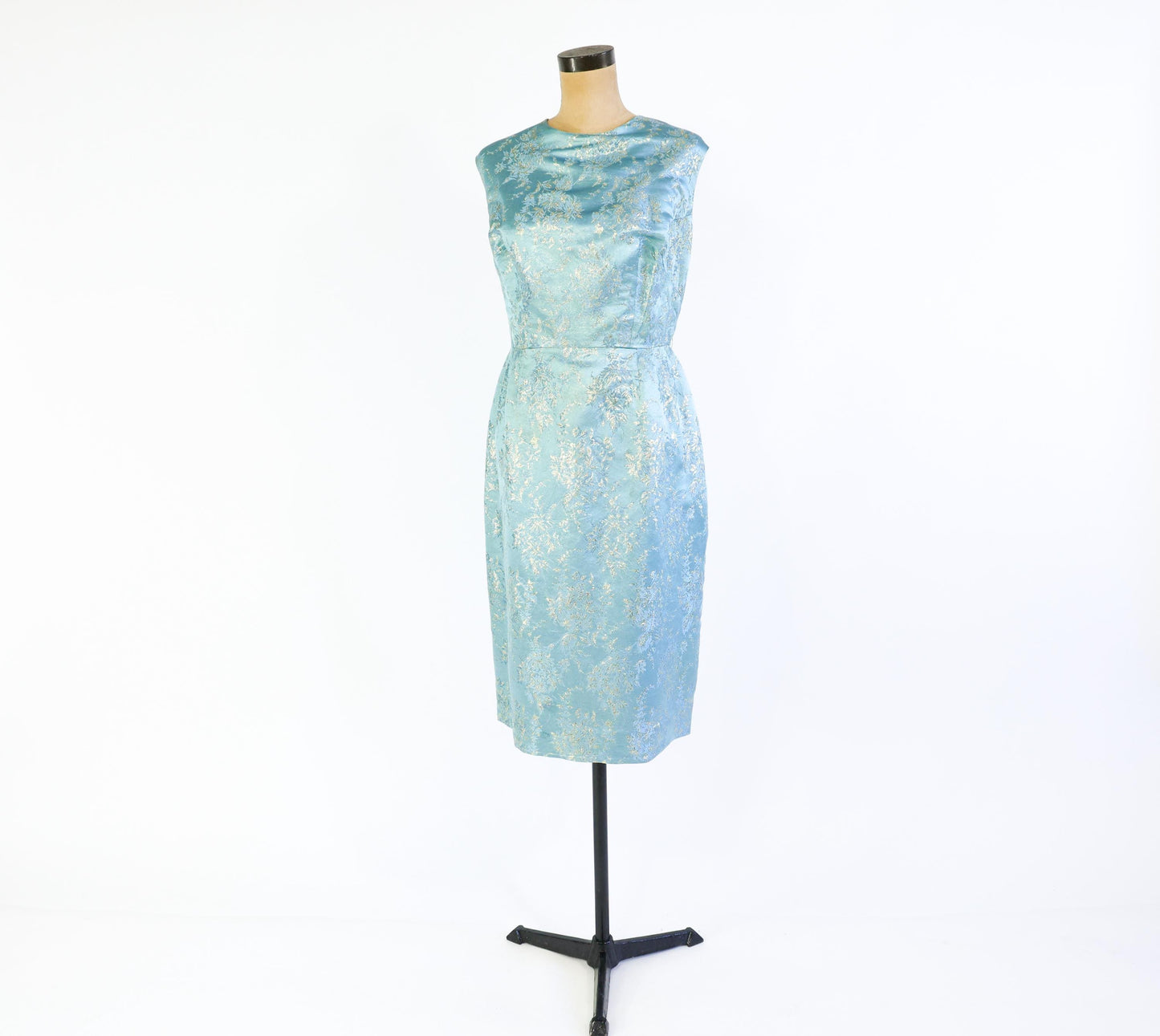 1950s Blue Metallic Jacquard Party Dress, 35" Waist