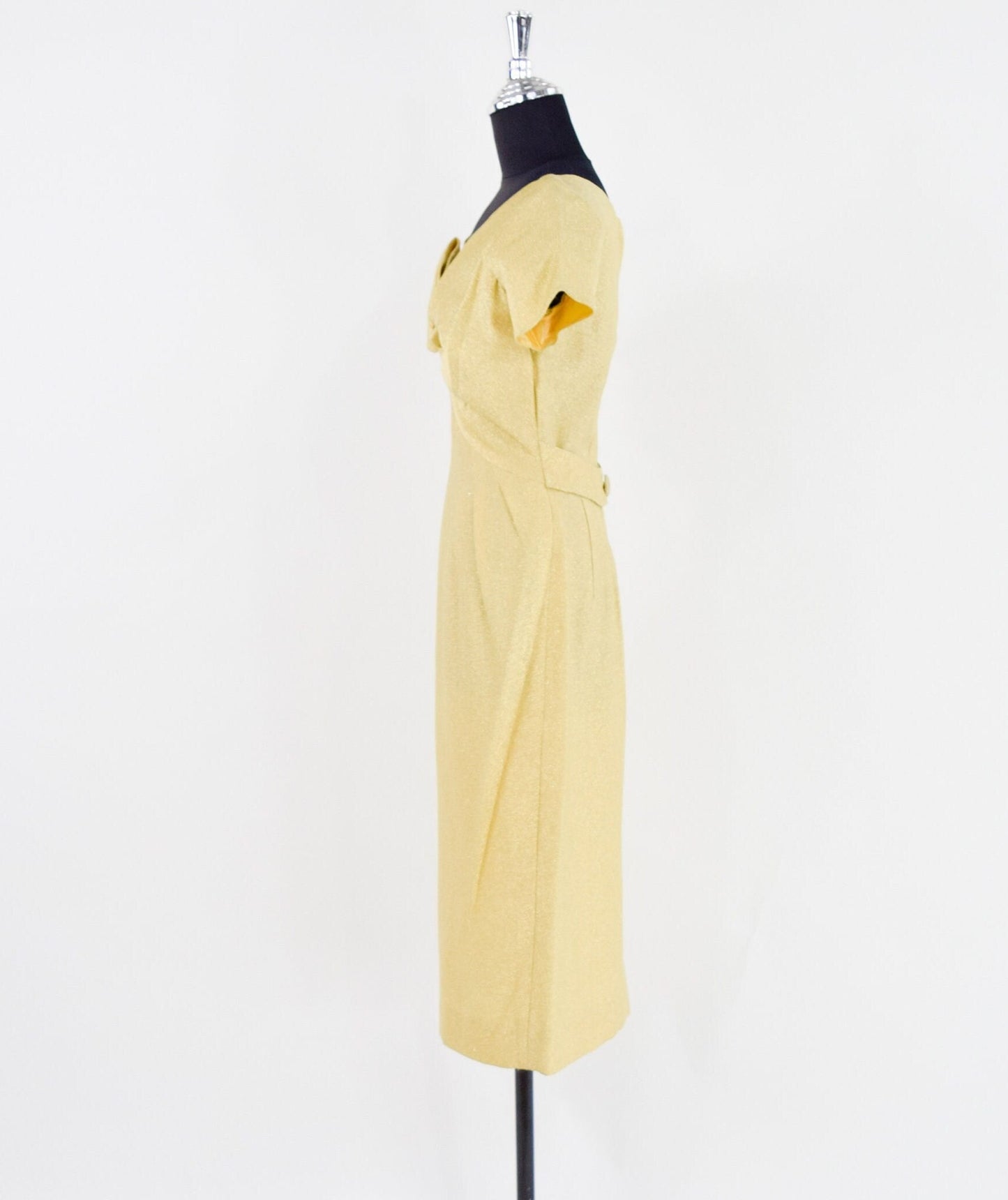 1950s Gold Lamé Cocktail Dress | Vintage Sheath, V-Neck
