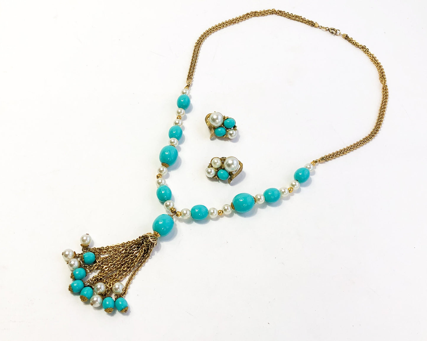1960s Turquoise and Faux Pearl Necklace Set | Gold Pendant and Clip Earrings