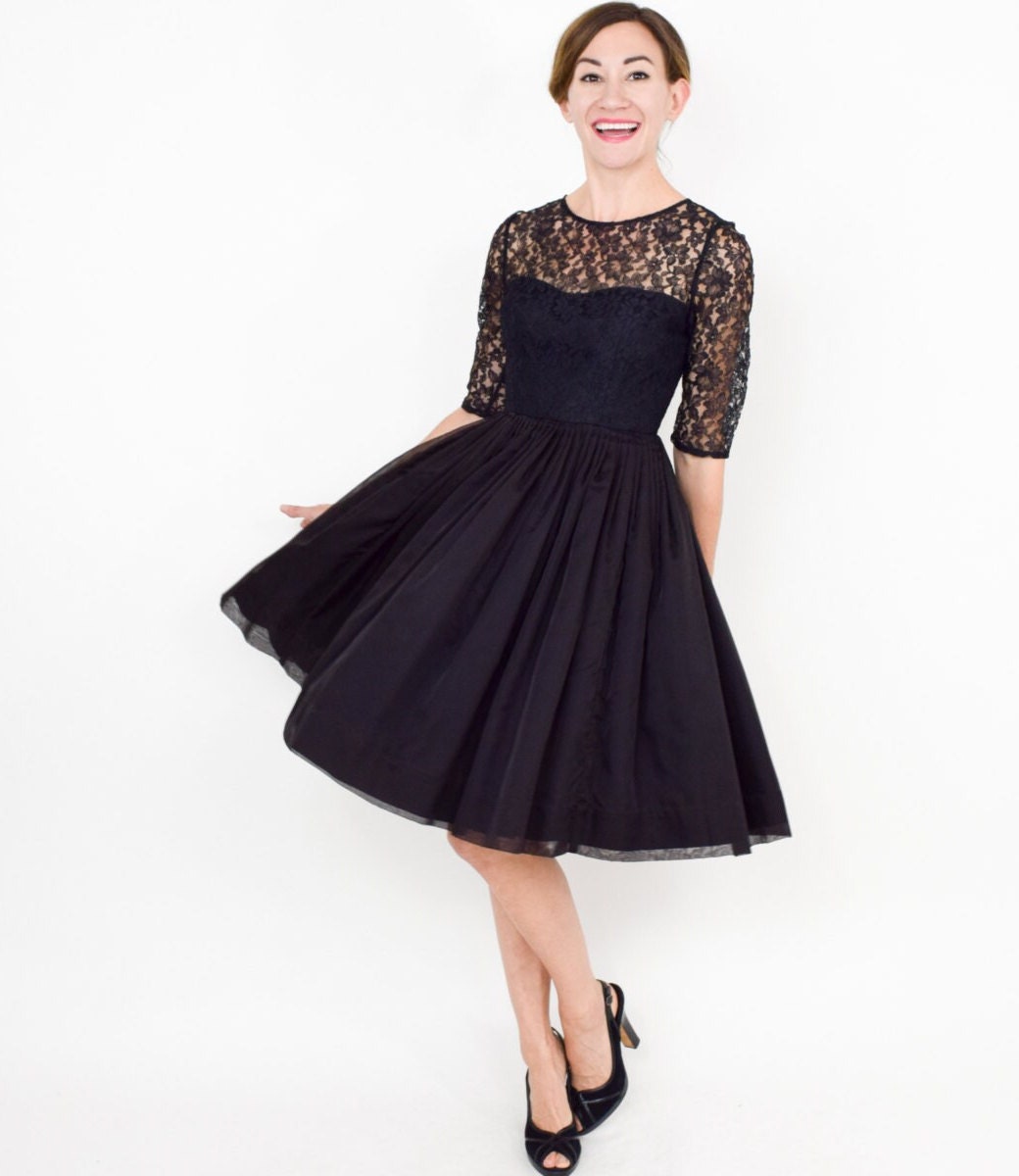 1950s Black Lace Party Dress | 50s Black Organza Cocktail Dress | Extra Small