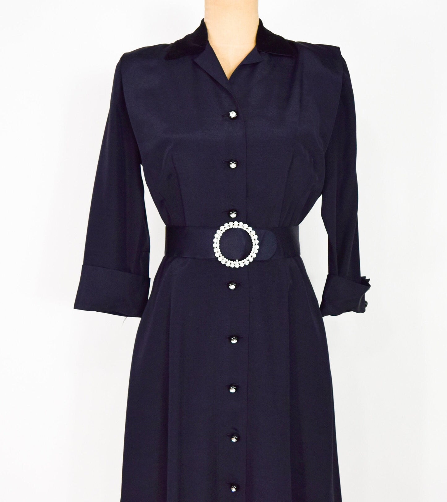 1950s Black Faille Party Dress with Rhinestone Buttons, Medium
