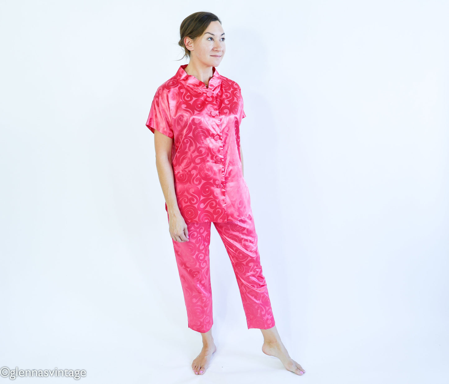 1960s Pink Satin Pajamas, Top & Pants Set, Medium