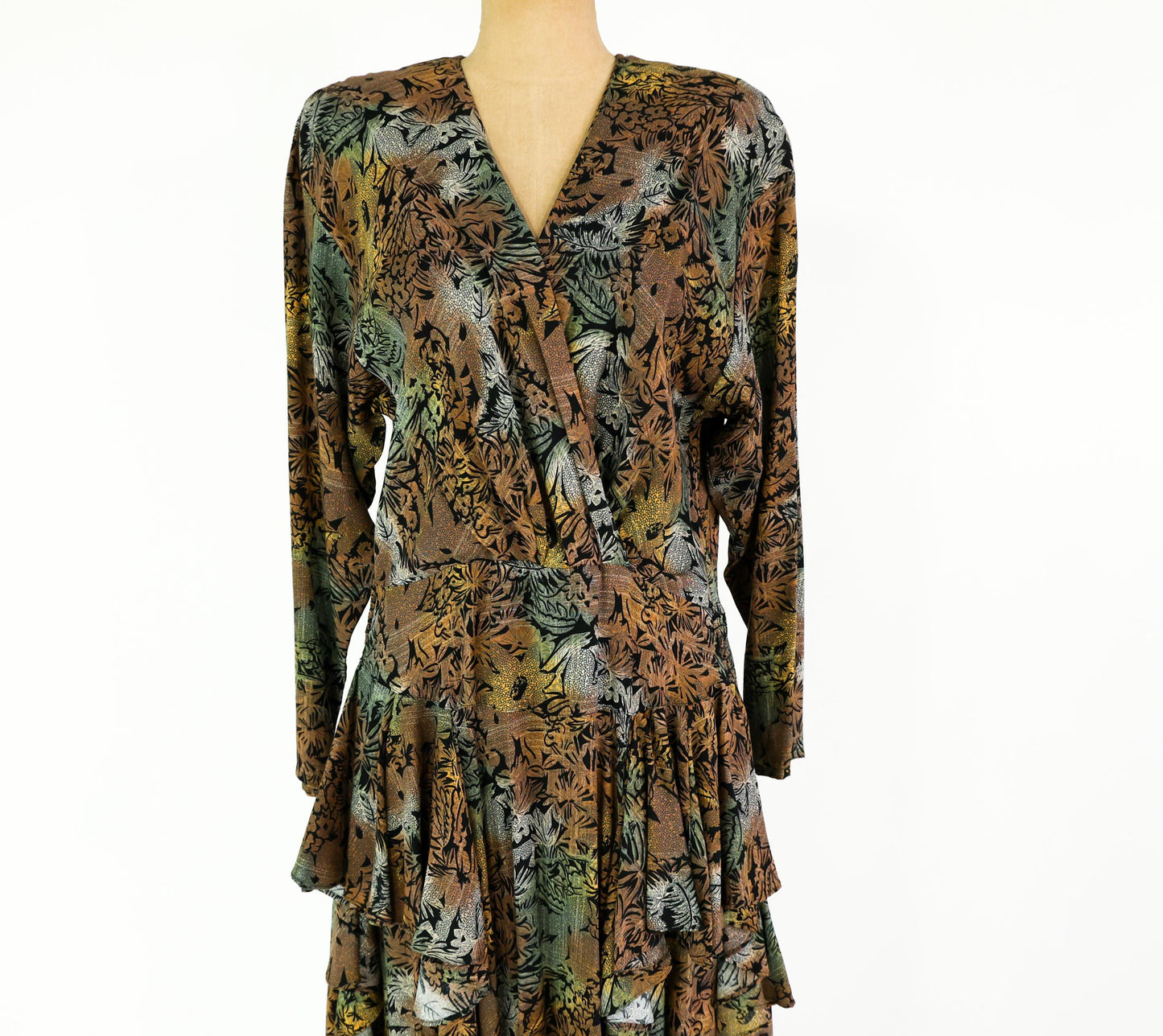 1980s Brown Floral Print Dress, Extra Large, Waist up to 36"