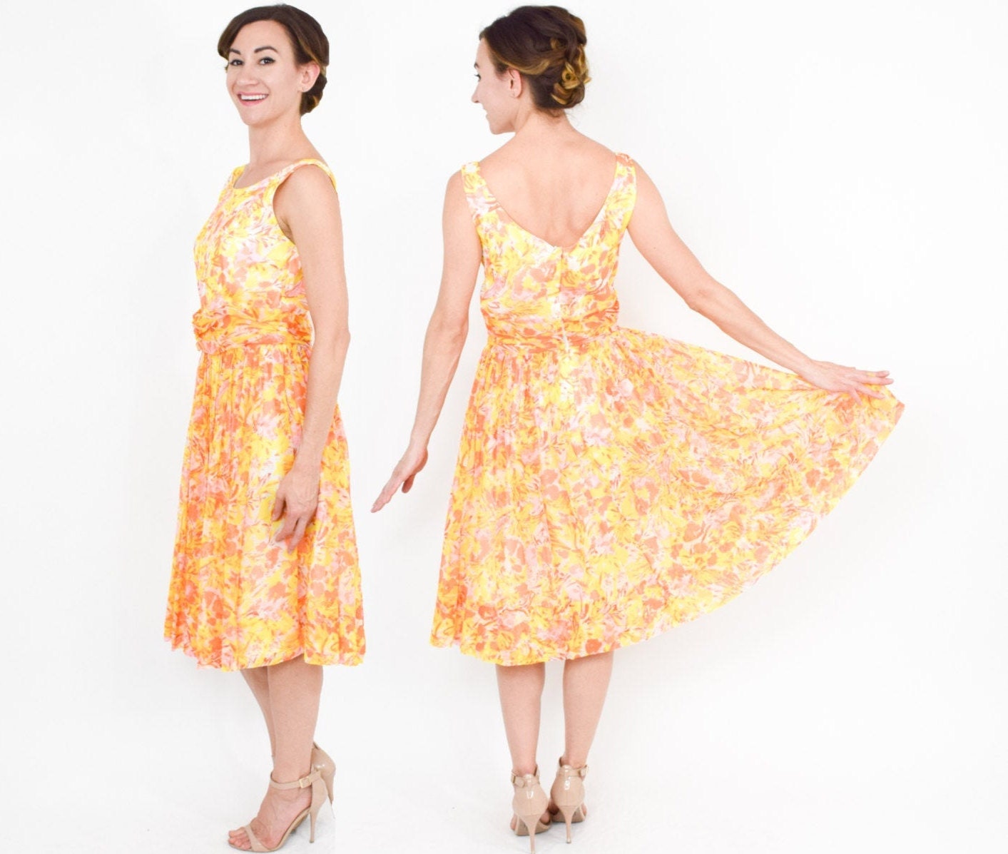 1950s Yellow Flowered Chiffon Dress | 50s Yellow & Orange Floral Dress | Small