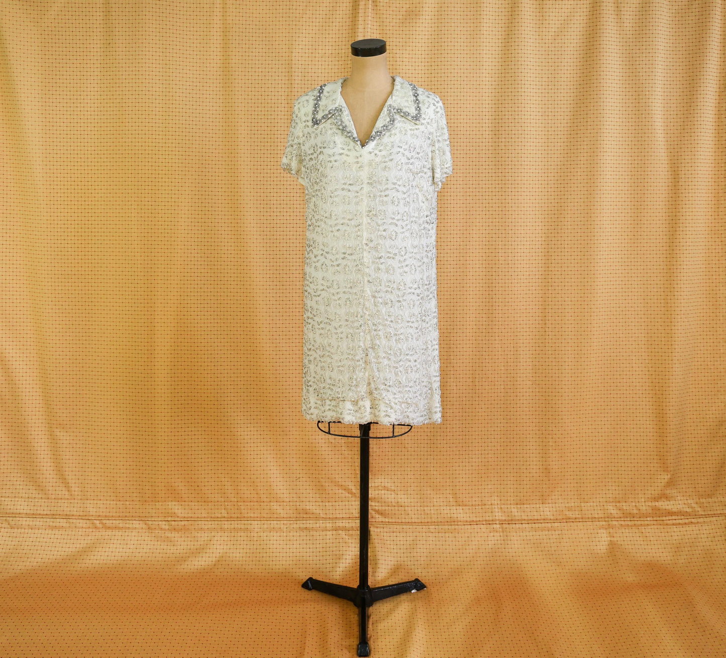 1960s White Silver Beaded Shift Dress, Short Wedding Dress, Extra Large