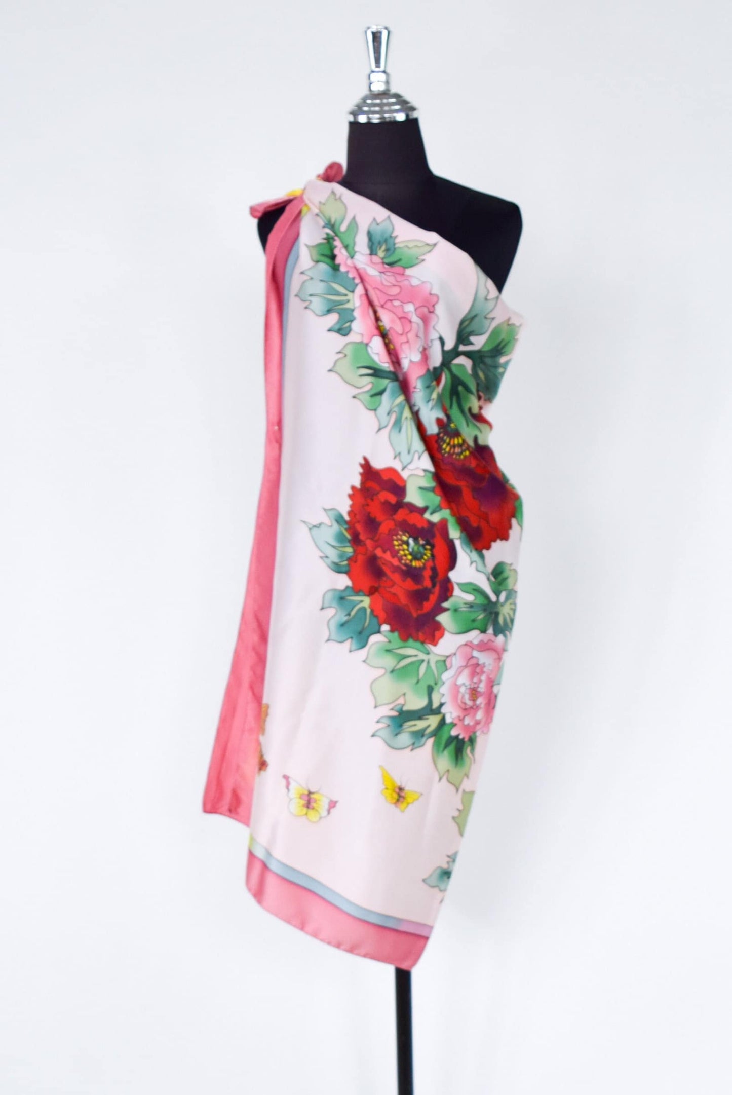 1980s Red Pink Floral Print Silk Scarf, Peony Flowers