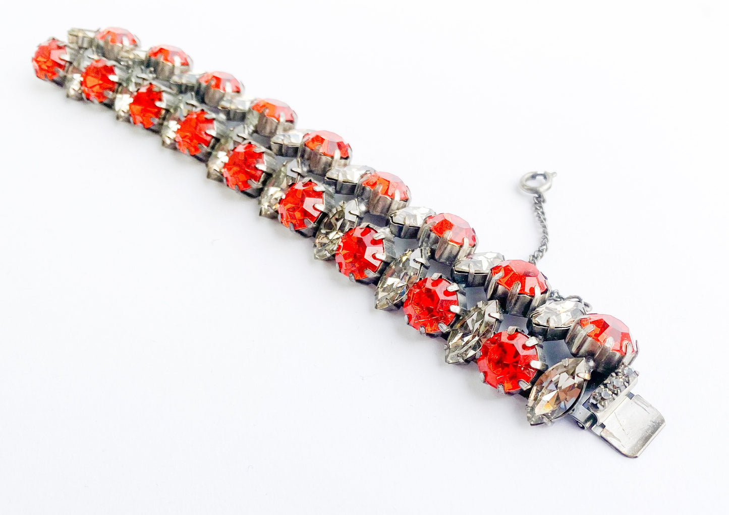 1940s Orange Rhinestone Bracelet | 40s Orange Evening Bracelet | Orange & Smokey Gray Rhinestones Bracelet | Old Hollywood