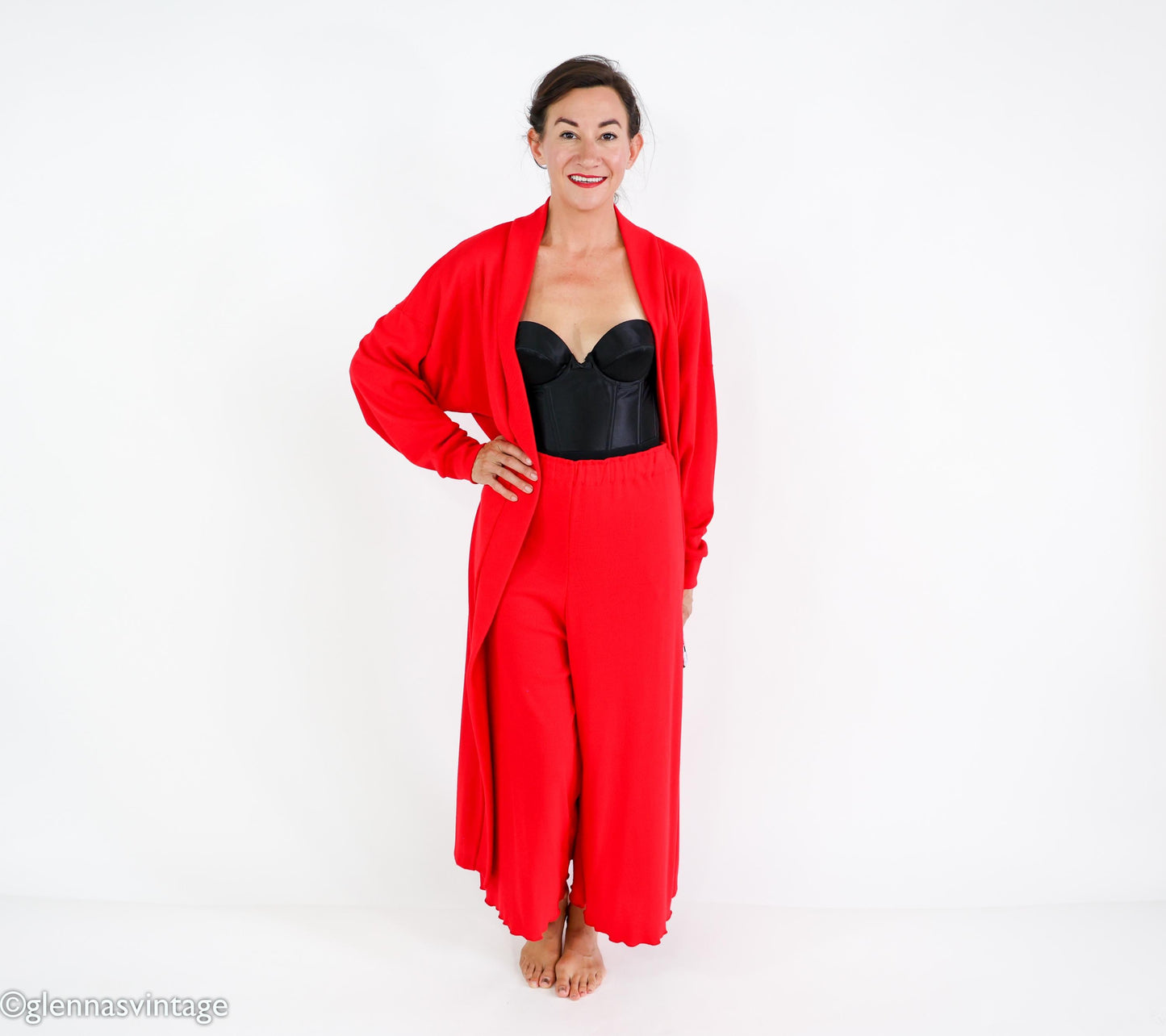 1980s Red Knit Lounge Set, Duster & Pants, Extra Large