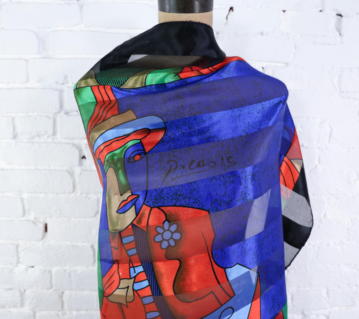 1980s Picasso Black & Blue Abstract Print Scarf