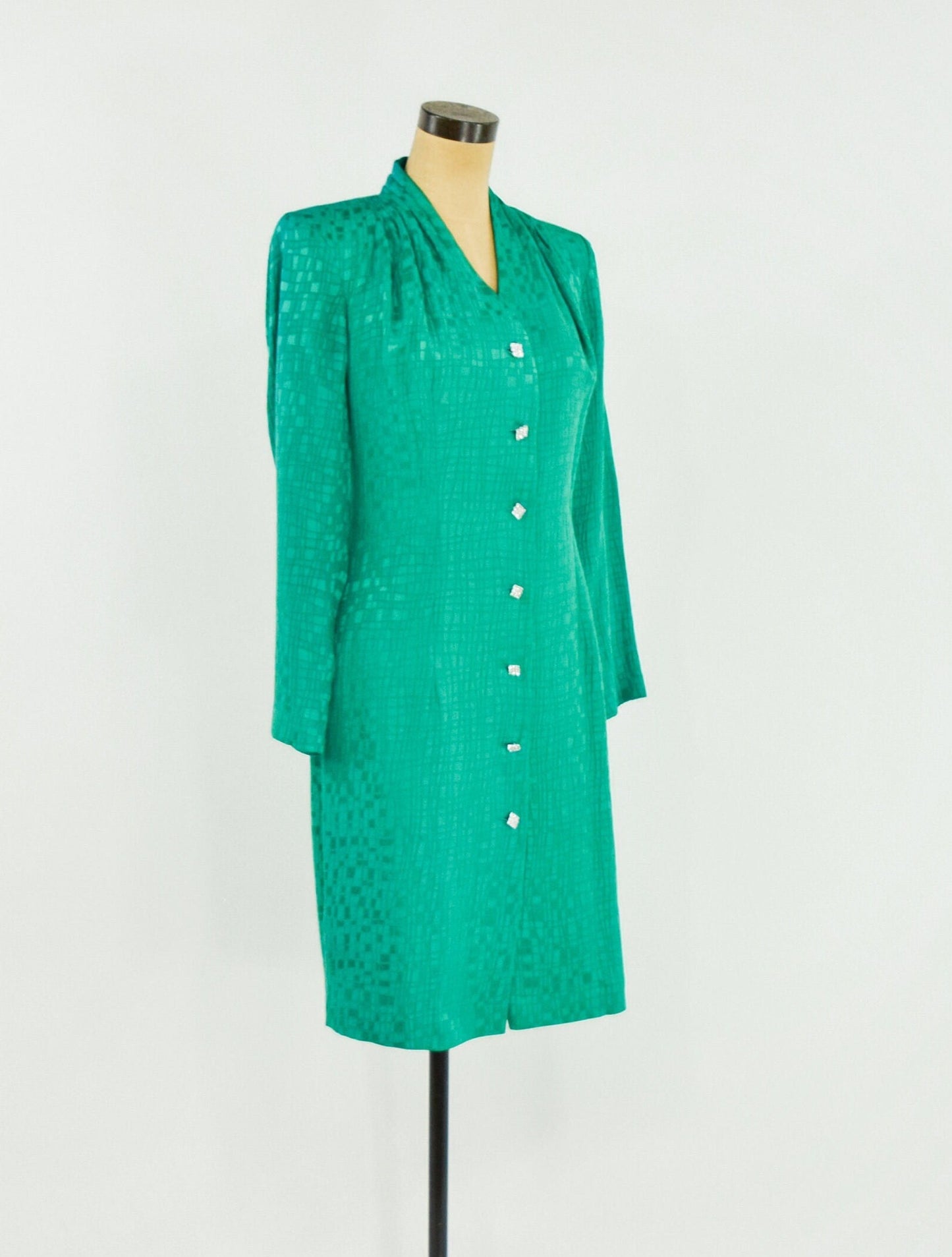 1980s Emerald Green Silk Dress | Vintage Rhinestone Button Front
