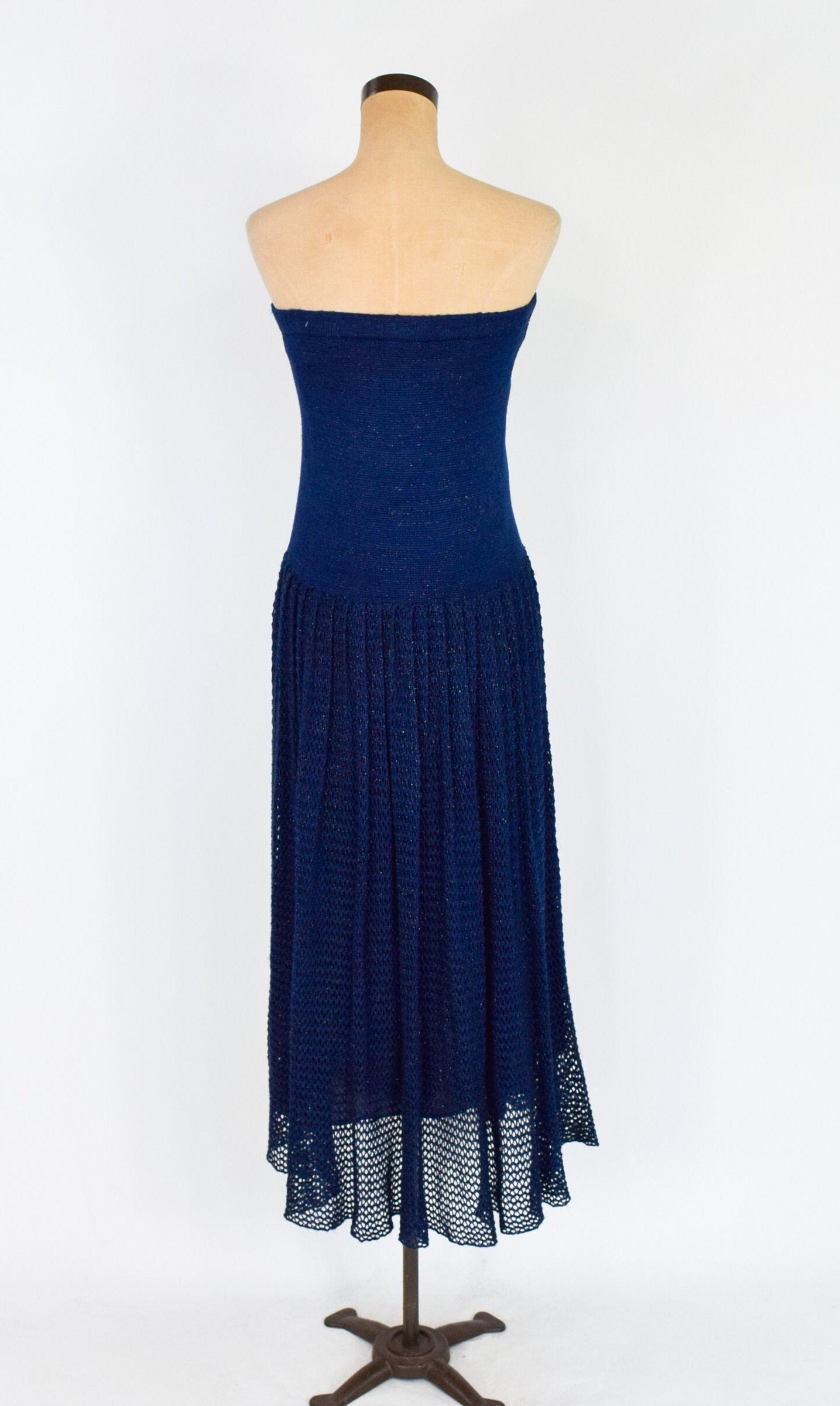 1980s Metallic Navy Knit Strapless Maxi Dress. Medium