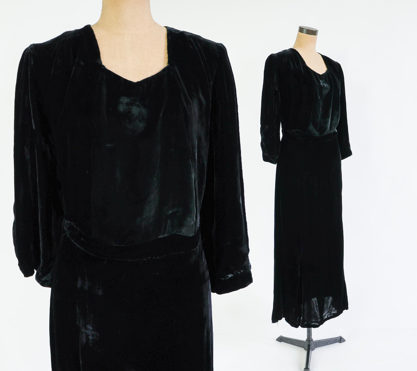 1930s Black Silk Velvet Evening Gown, 40" Waist
