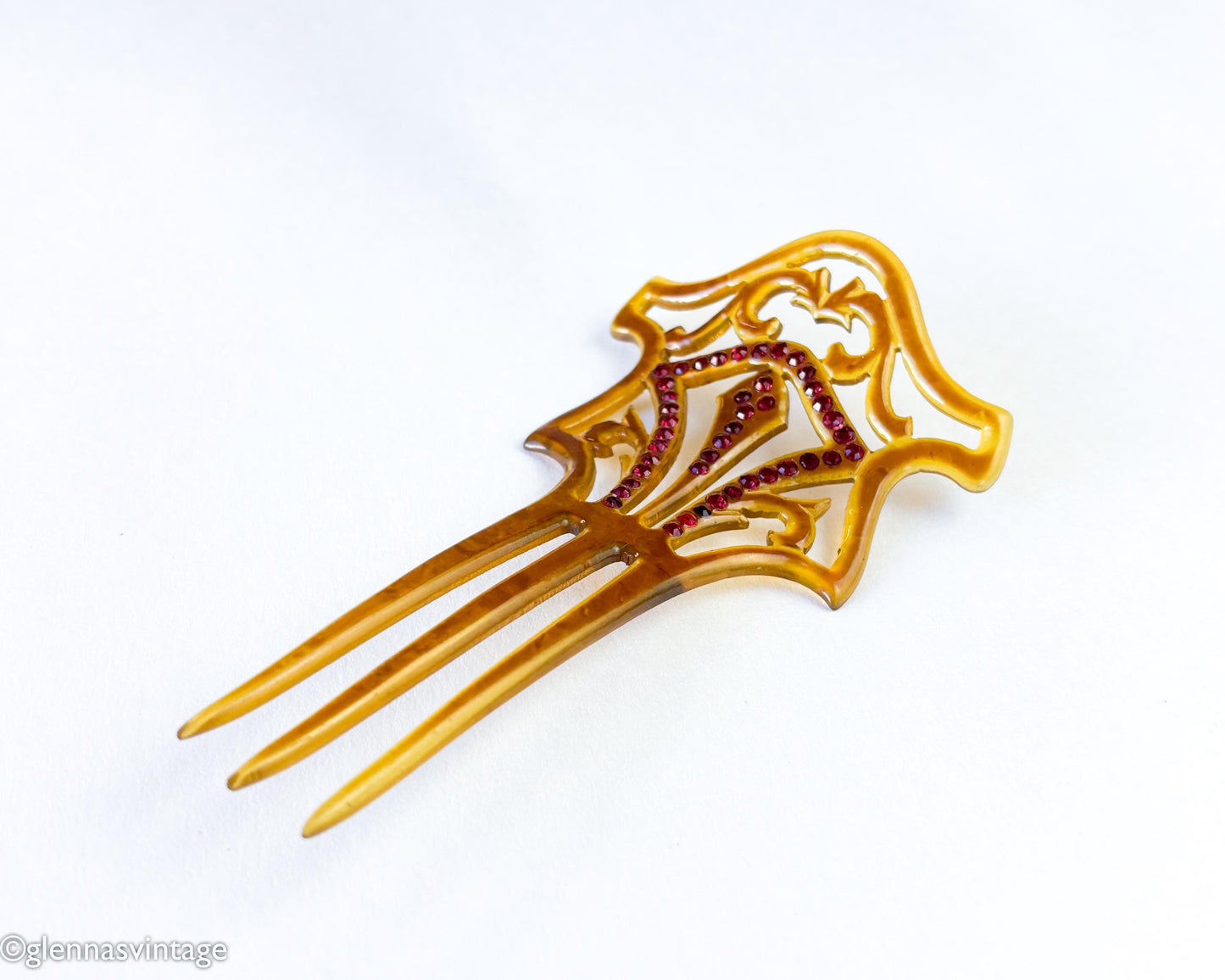 1900s Brown Celluloid Mantilla Hair Comb, Red Rhinestones