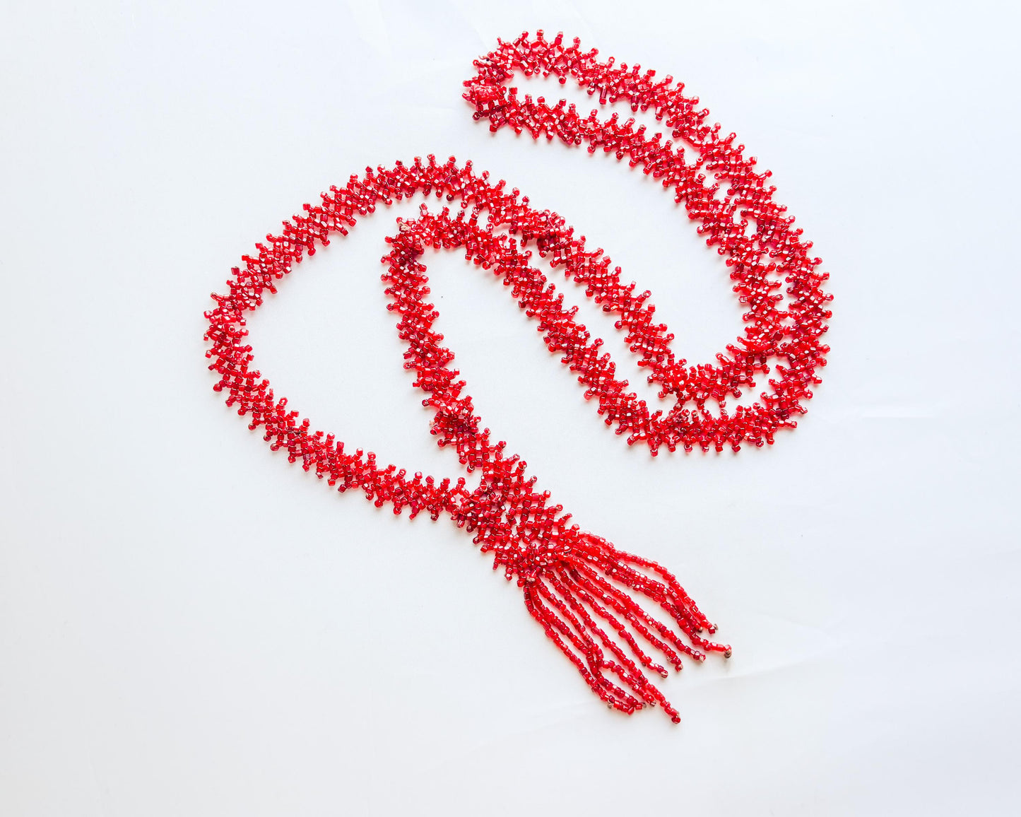 1920 Red Beaded Necklace |  Beaded Flat Woven Necklace