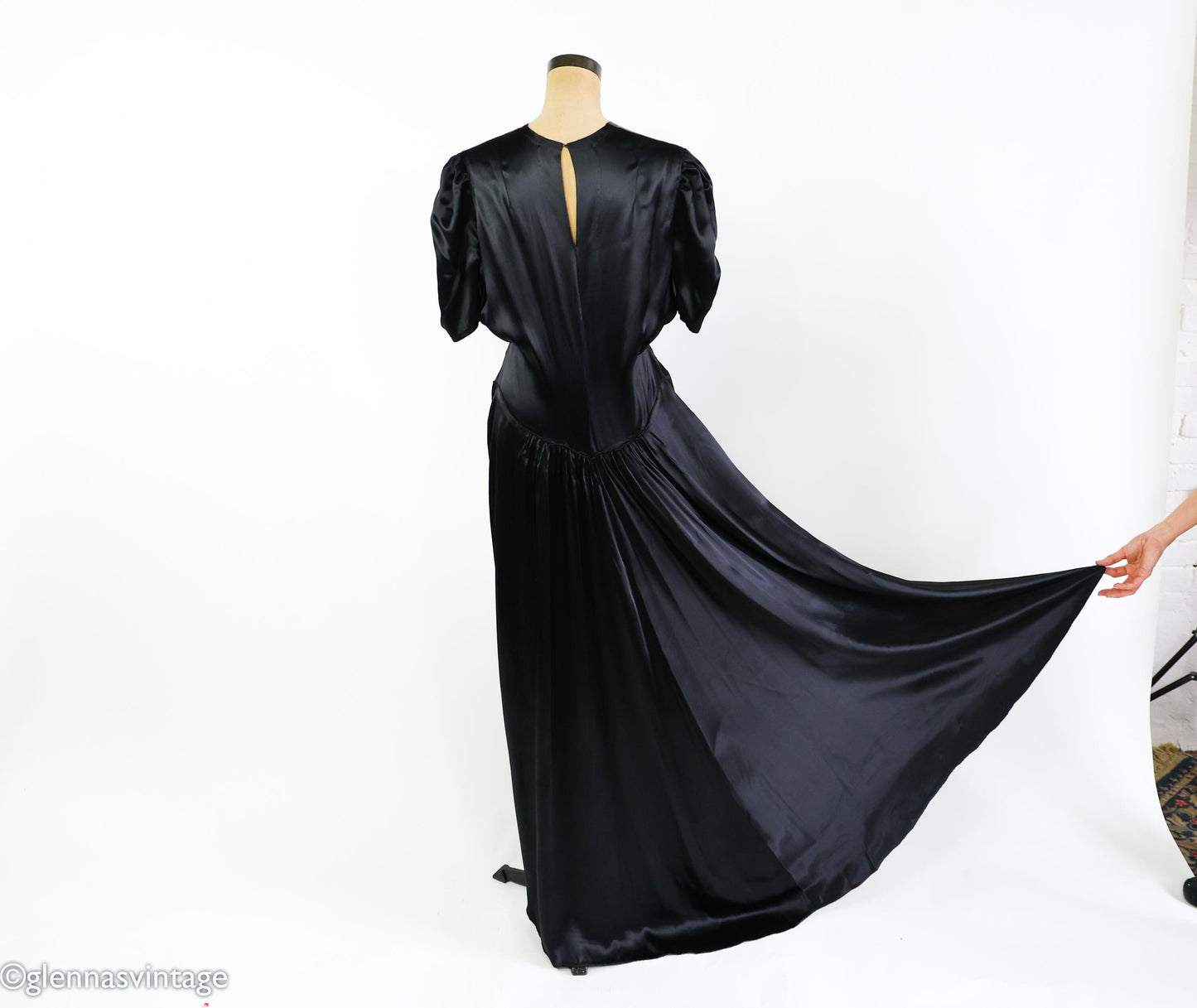 1930s Vintage Black Satin Evening Gown, Rhinestone Belt, Extra Large