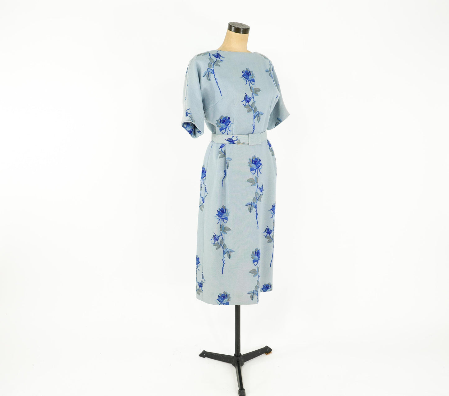 1950s Blue Floral Wool Sheath Dress, Medium