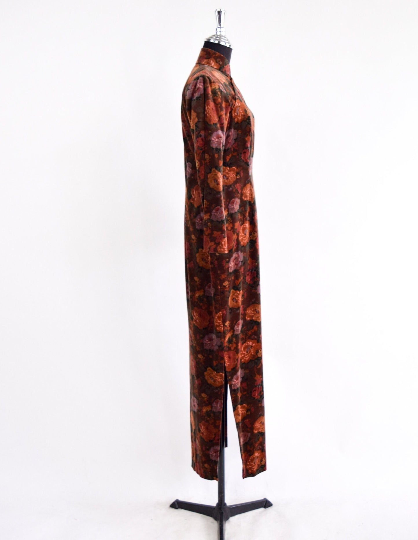 1950s Brown Floral Velvet Cheongsam Dress, Small