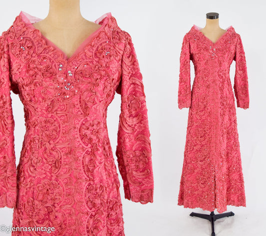 1940s Coral Pink Lace & Rhinestone Evening Gown | 40s Pink Soutache Lace Rhinestone Dress | Old Hollywood | Medium