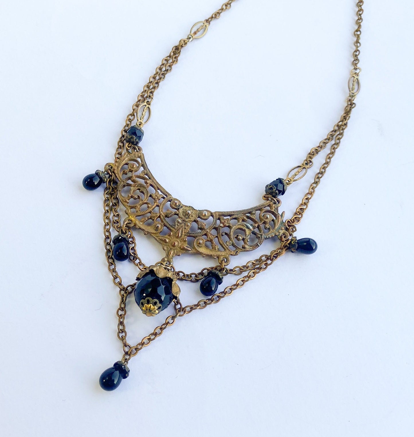 1940s Gold Filigree Brass Necklace | 40s Gold Filigree & Black Glass Pendant Necklace