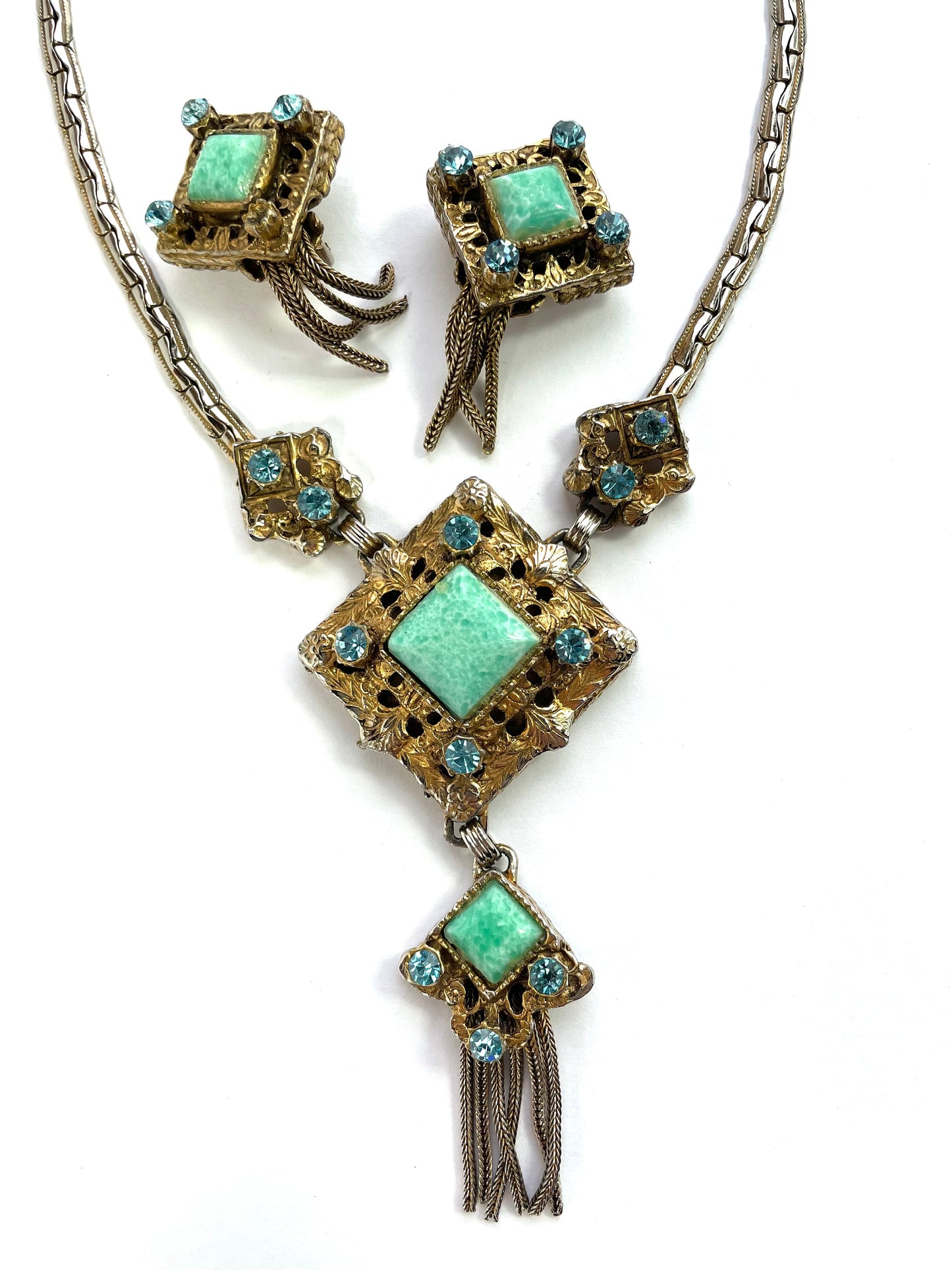 1940s Baroque Jewelry Set, Turquoise Stone Pendant Necklace & Earrings Set