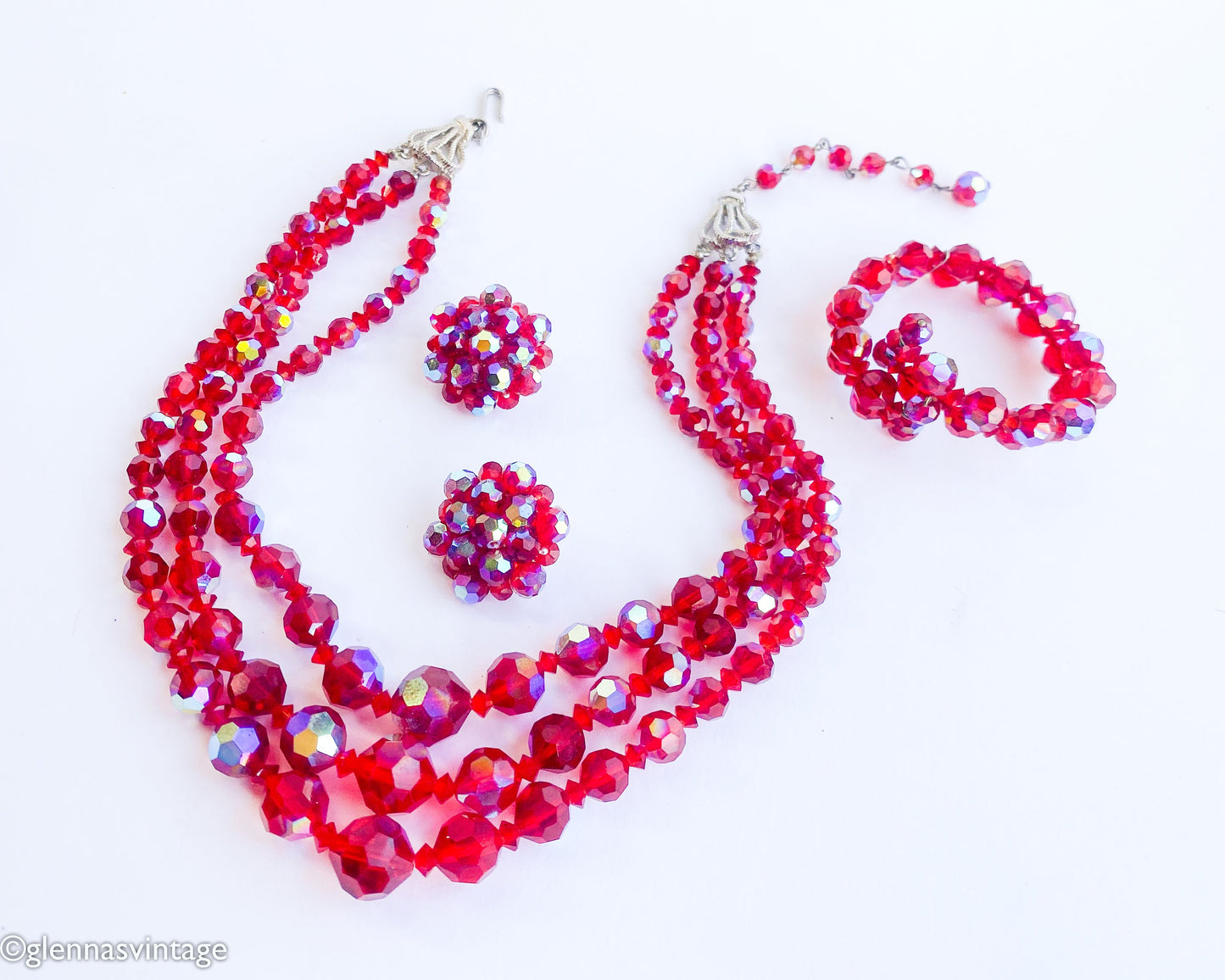 1950s Red Aurora Borealis Crystal Necklace Bracelet Earrings Set, Parure Jewelry set