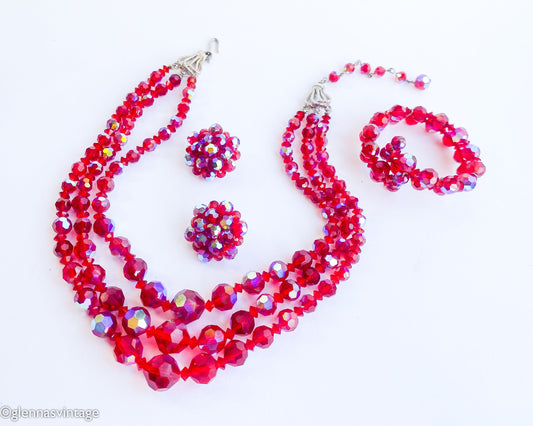 1950s Red Aurora Borealis Crystal Necklace Bracelet Earrings Set, Parure Jewelry set
