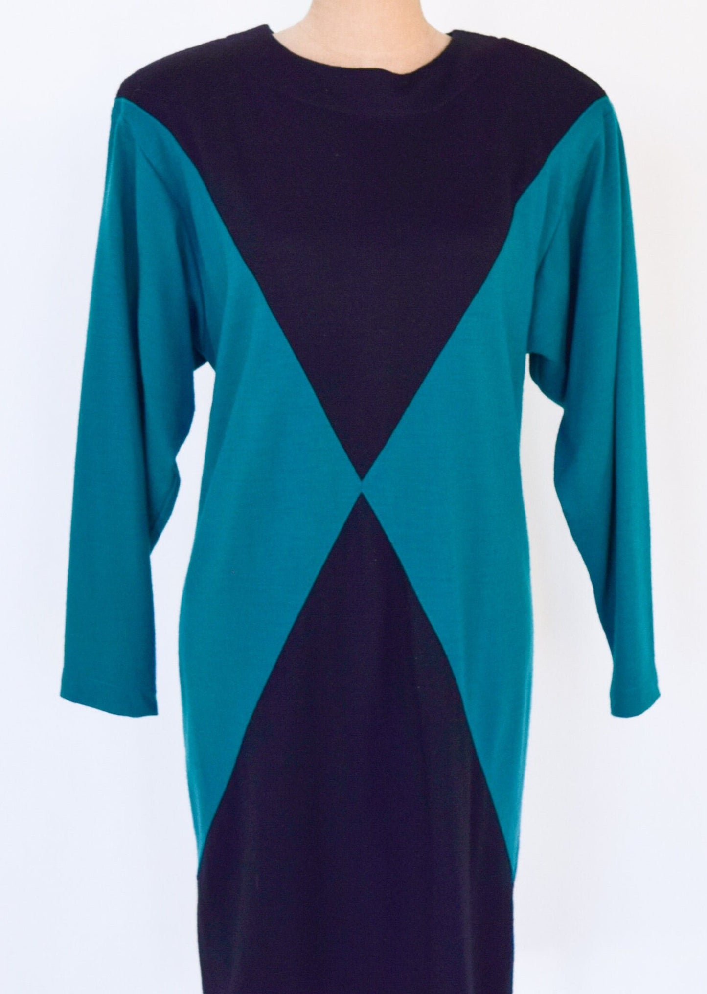 1980s Green Black Color Block Dress | 80s Black & Green Knit Dress | Color Block Dress | Karen Kane | Medium
