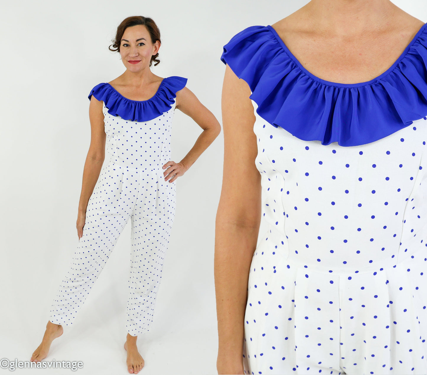 1980s Blue & White Polka Dot Jumpsuit, Small
