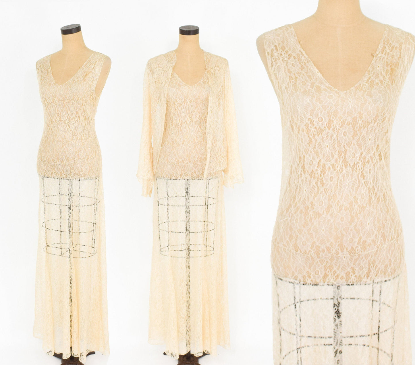 1930s Ivory French Lace Evening Gown & Jacket, Vintage Wedding Dress,  Extra Small