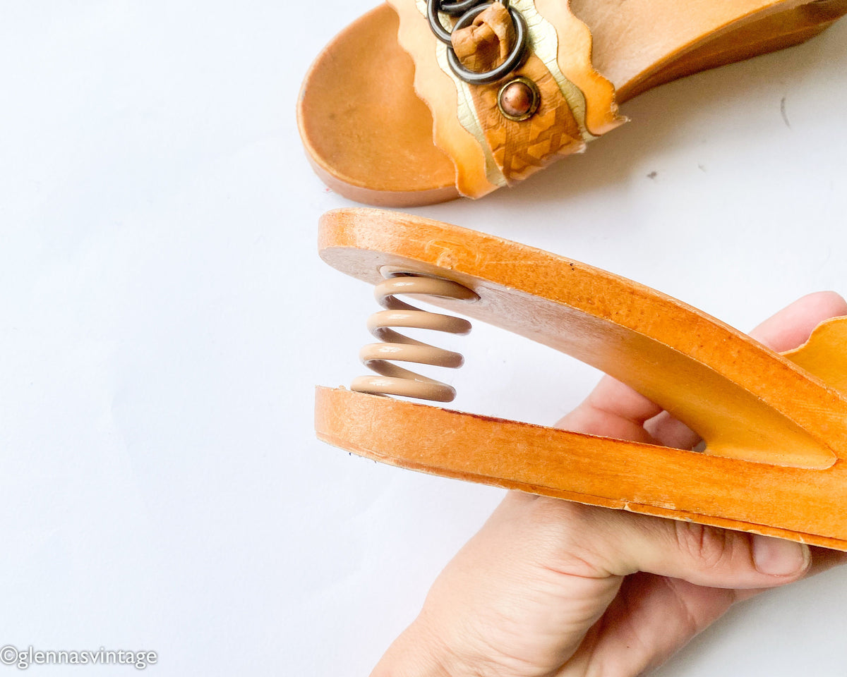 1970s Domo Italy Wooden Sandals Slides with Spring Heel