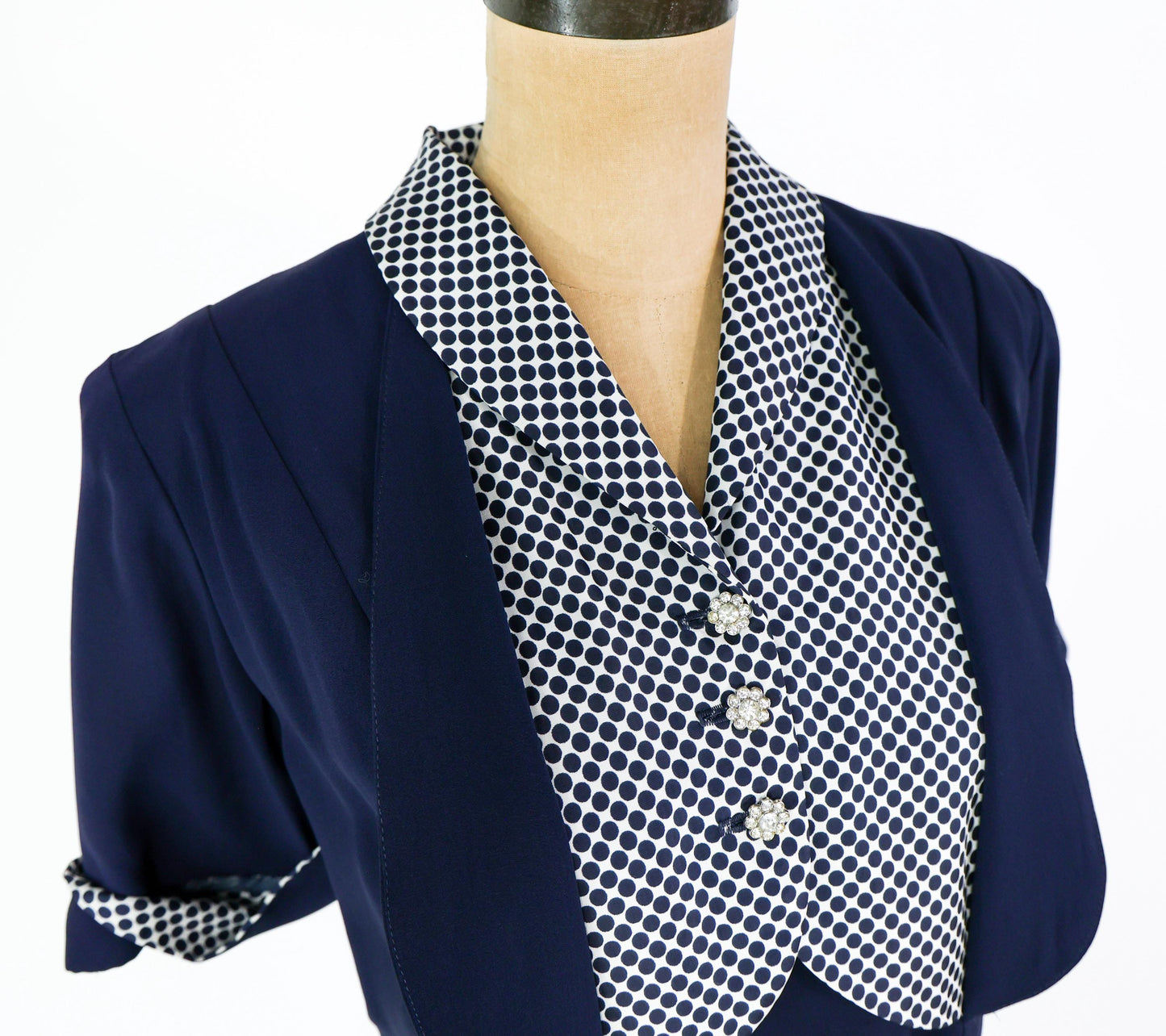 1940s Navy Rayon Crepe Dress with Polka Dot Collar, 36" Waist