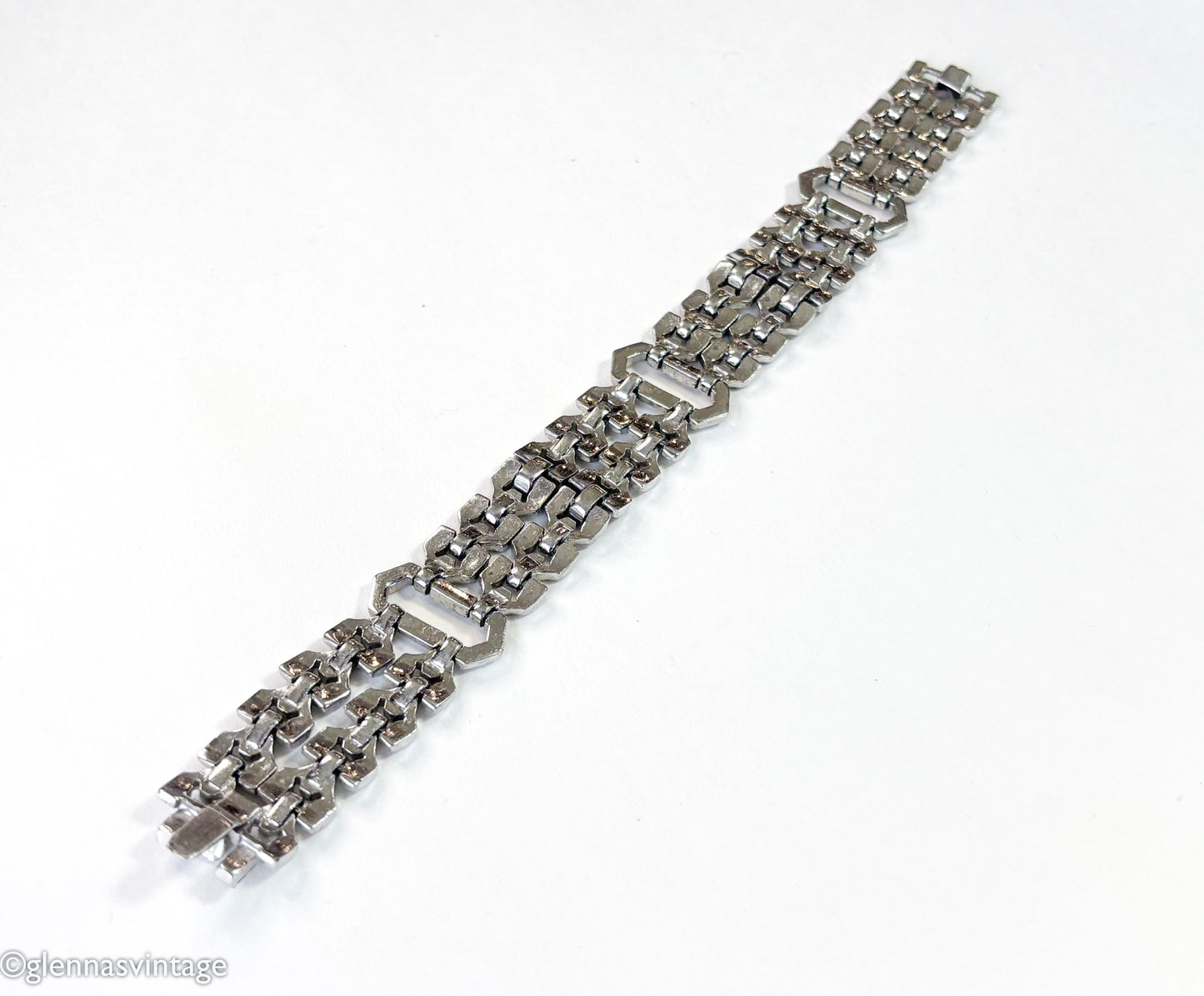 1930s Art Deco Rhinestone Bracelet, Geometric Silver Link Bracelet