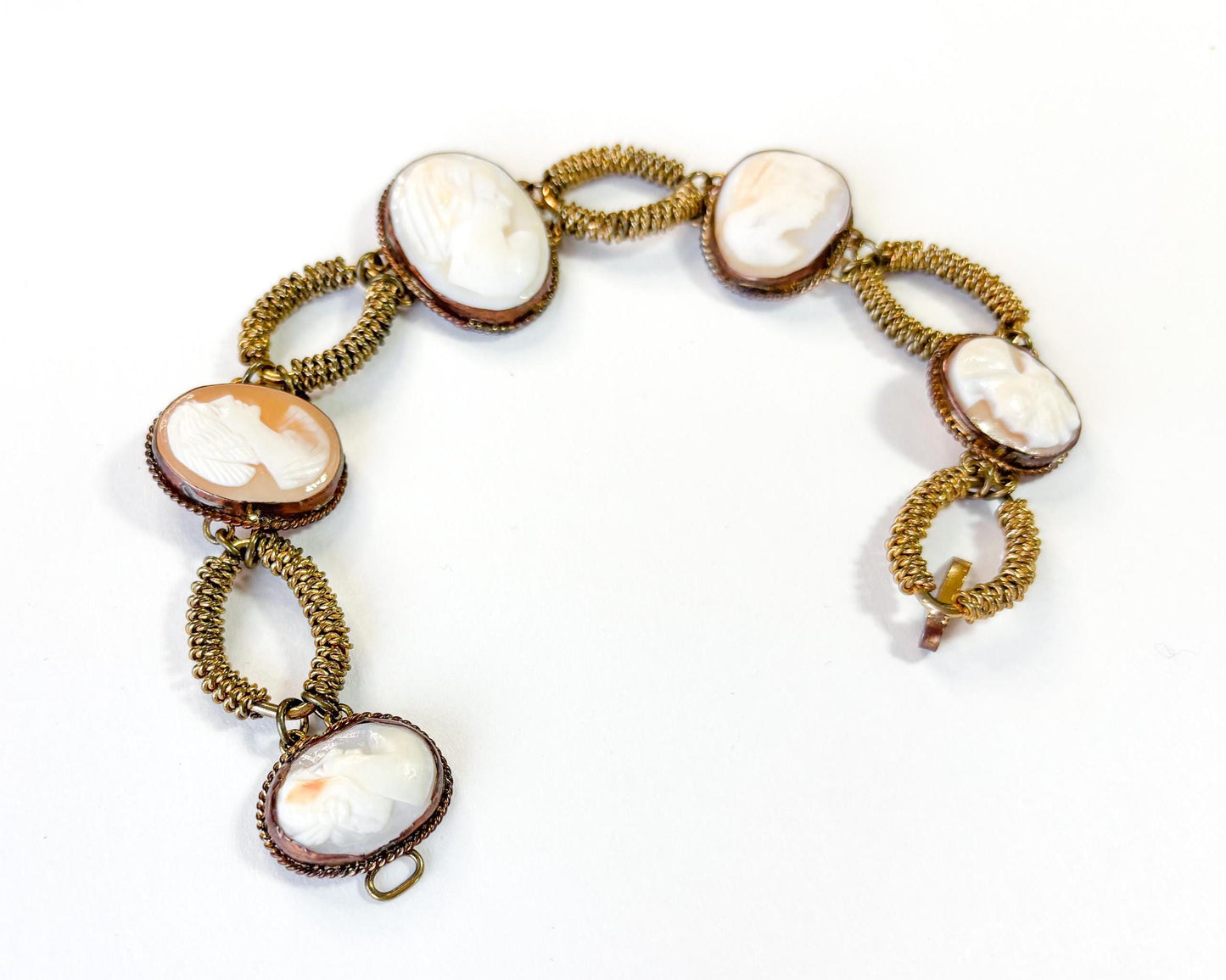 Antique Shell Cameo & Brass Bracelet, 1900s Jewelry