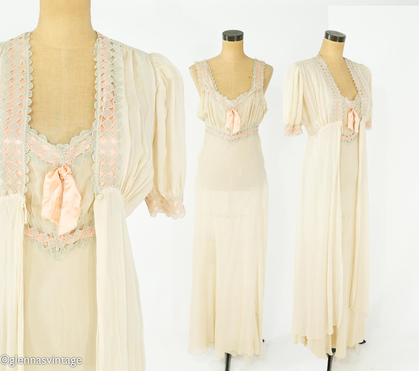 1930s Ivory Silk Chiffon Peignoir Set, Vintage Lace Nightgown, Small