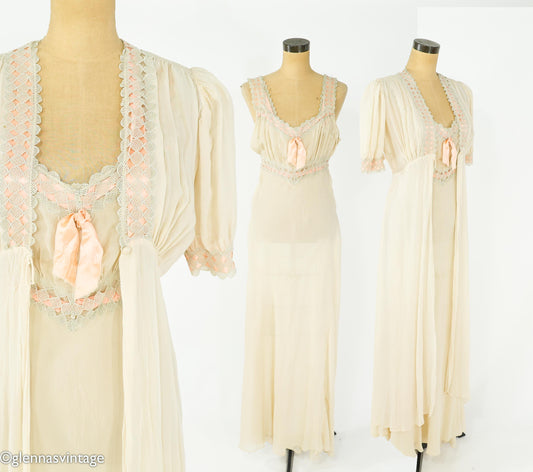 1930s Ivory Silk Chiffon Peignoir Set, Vintage Lace Nightgown, Small