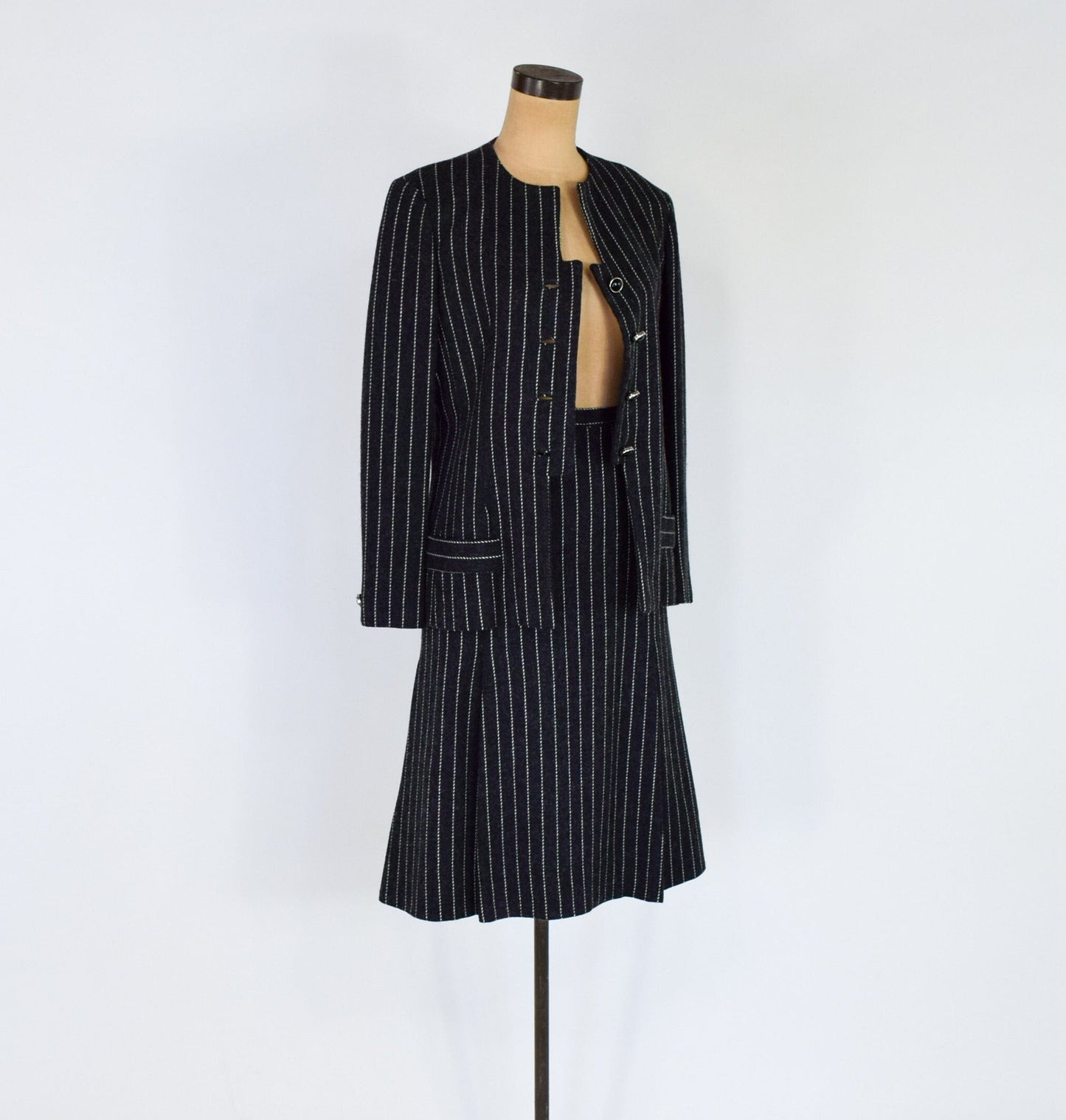 Geoffrey Beene | 1970s Black Wool Suit | 70s Black Pinstripe Wool Skirt Suit | Geoffrey Beene | Medium