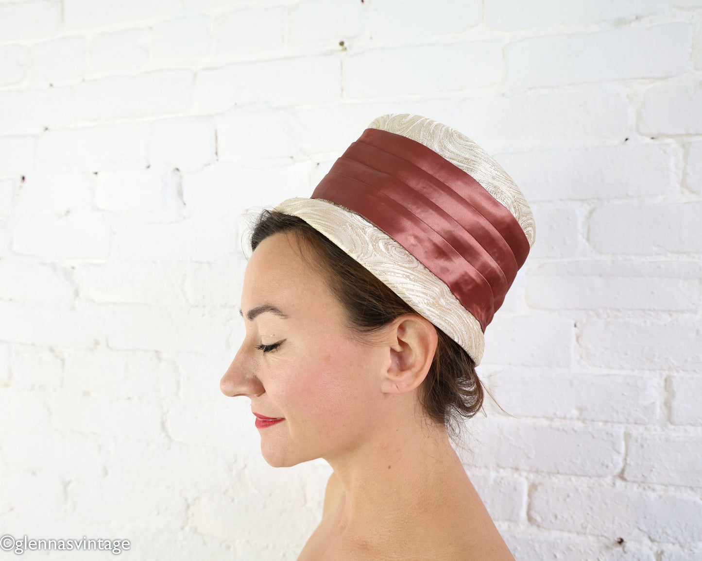 1960s Beige Brocade Bucket Hat | 60s Gold & White Tall Hat
