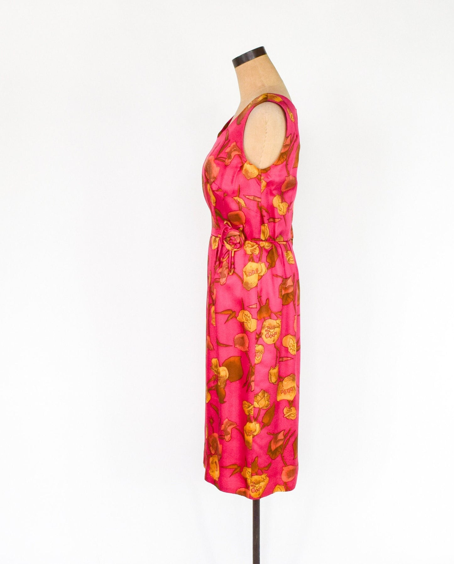 1950s Fuchsia Pink Floral Wiggle Dress, Medium