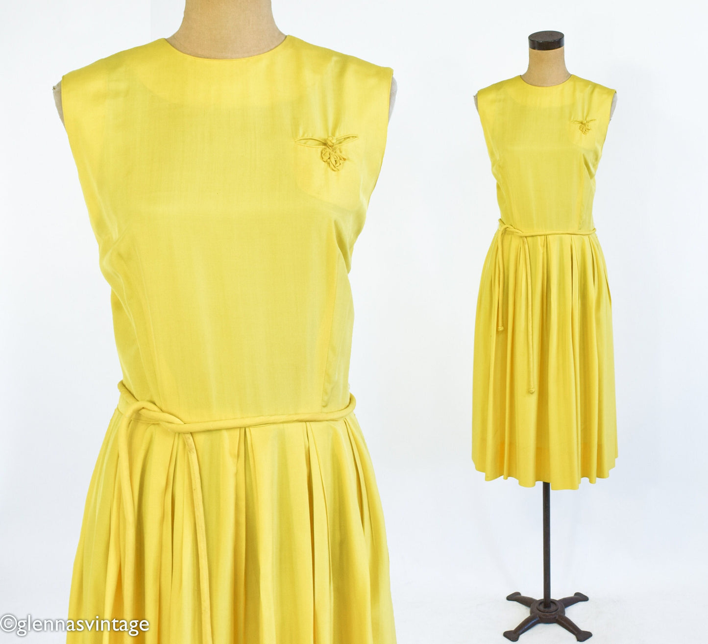 1950s Yellow Silk Dress | 50s Yellow Silk Sleeveless Dress | Small