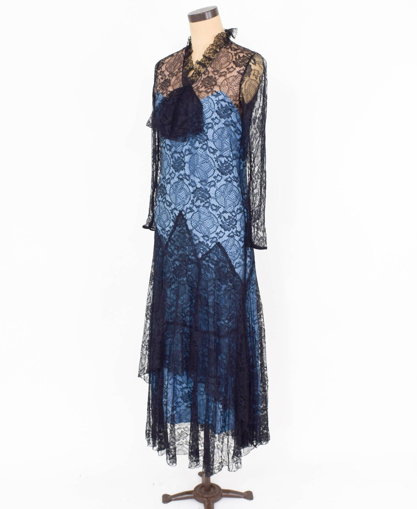 1930s Blue Black Lace Evening Dress, Small
