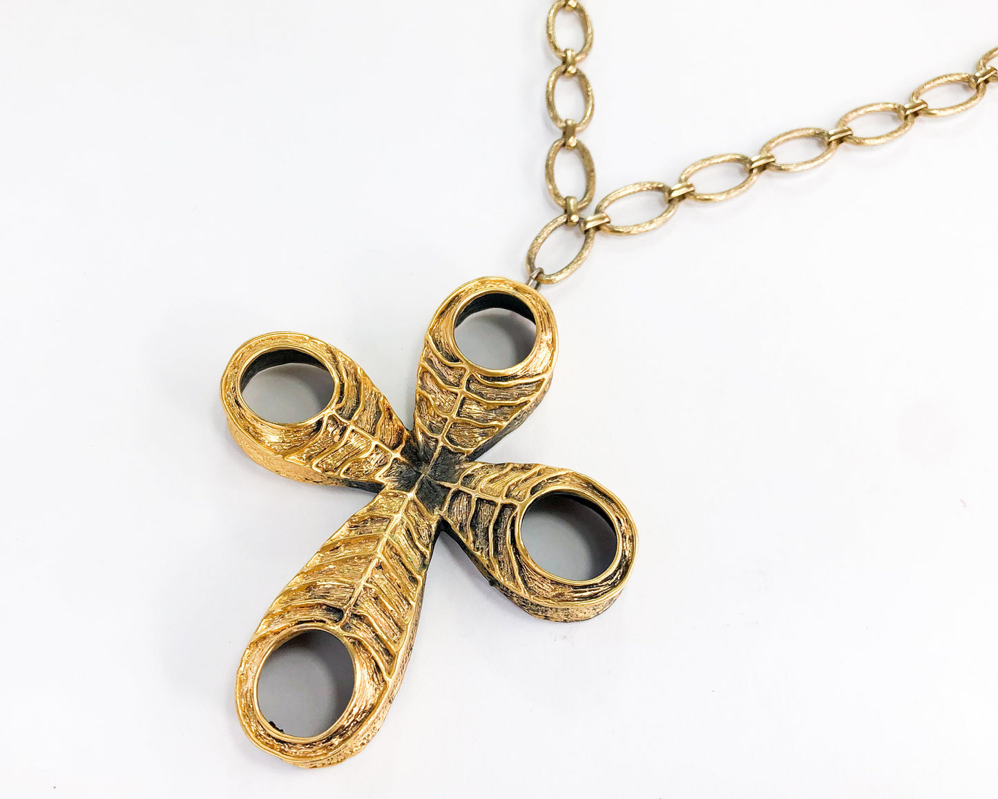 1970s Tortoloni Gold Cross Pendant Necklace | Brushed Metal Boho