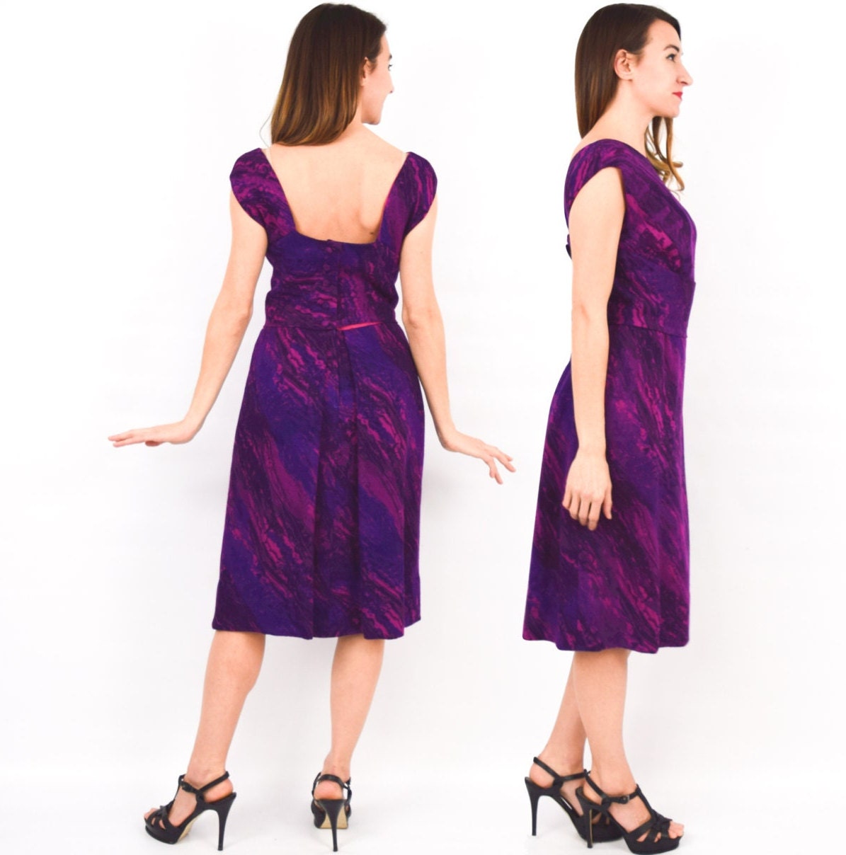 1950s Vintage Purple Wool Party Dress, Small