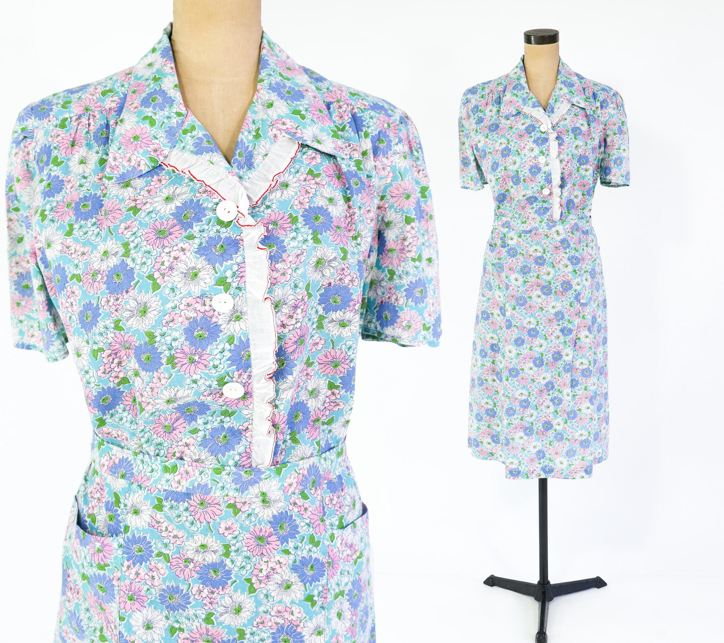1940s Blue Pink Floral Cotton Day Dress, 40" Waist