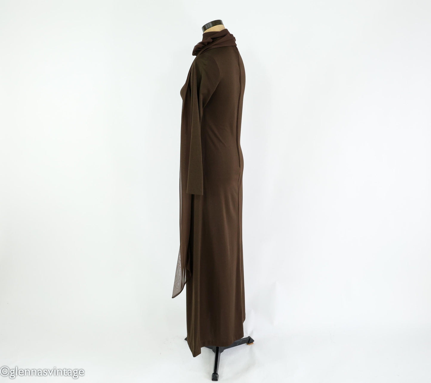 1970s Brown Maxi Dress | Chiffon Collar Evening Gown, Medium