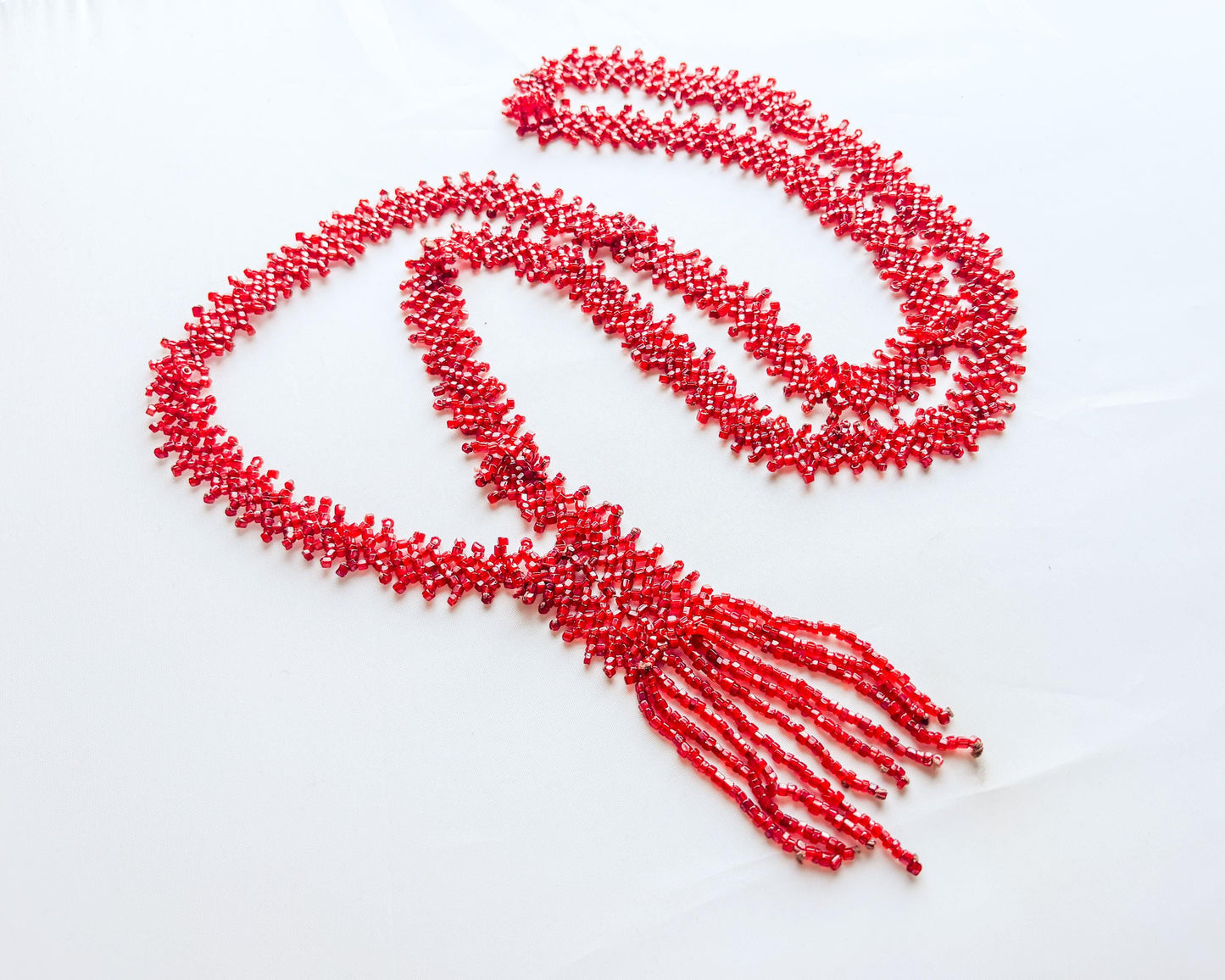 1920 Red Beaded Necklace |  Beaded Flat Woven Necklace