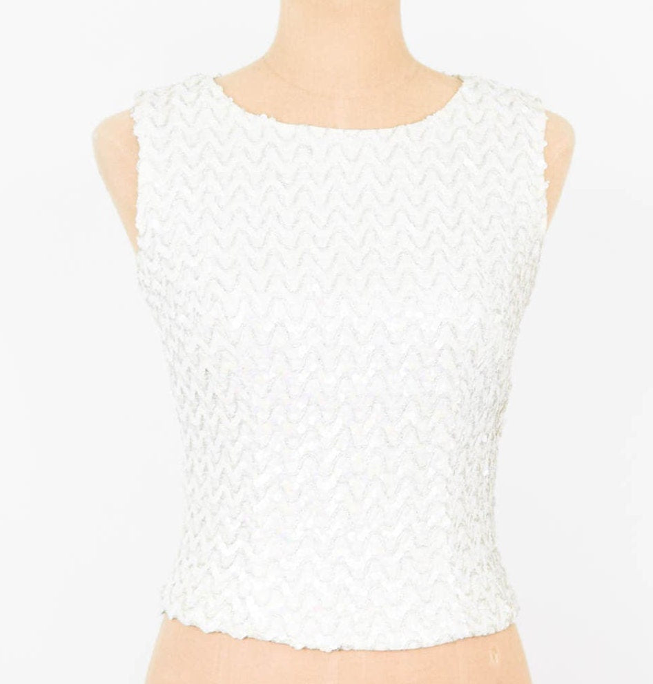 1950s White & Silver Sequin Top | 50s White Sleeveless Sequin Knit Top | Small