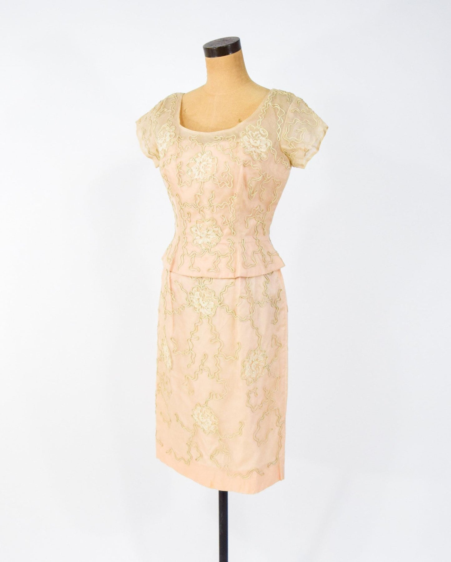 1950s Beige Lace Cocktail Dress,  Medium