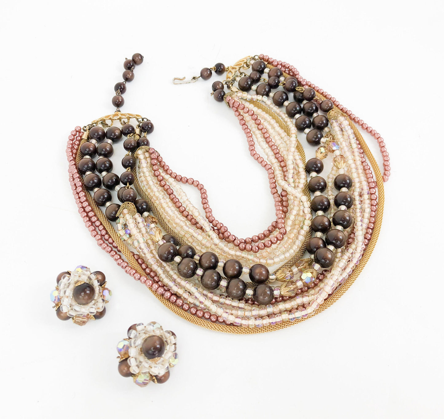 1950s Brown Evening Necklace & Earrings | 50s Gold Brown Multi-Strand Necklace Jewelry Set