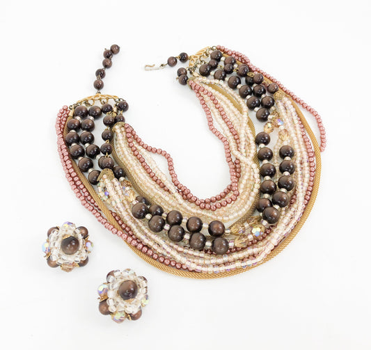 1950s Brown Evening Necklace & Earrings | 50s Gold Brown Multi-Strand Necklace Jewelry Set